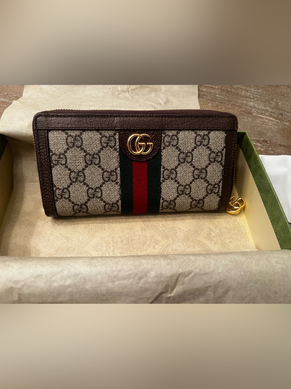 Gucci Brown GG Canvas Zip Wallet with Red & Green Web and Gold Hardware